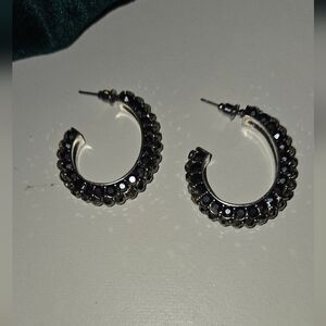 Marcasite Encrusted Black Crystal Hoop Earrings 1 1/2 In